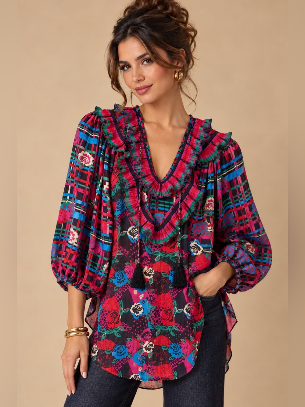 Diane Freis Vintage Georgette Floral Ruffle V-Neck Tunic Blouse Top Size L Retro